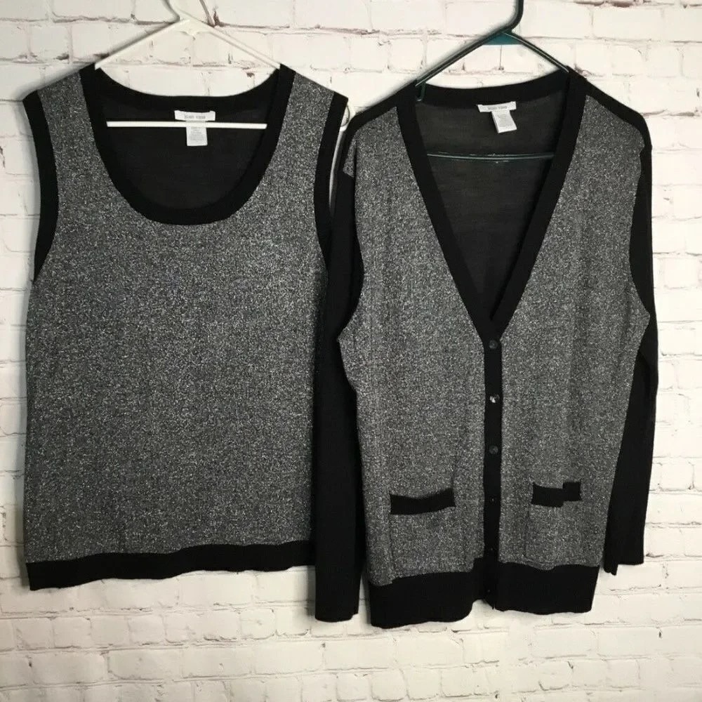 Joan Vass Pockets Knit Set Button Front Cardigan / Tank Top Women‎ 3L China